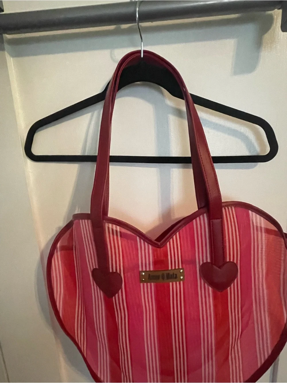 Amor Q Mata Marchantitas Red Striped Heart Mexican Mercado Tote Bag